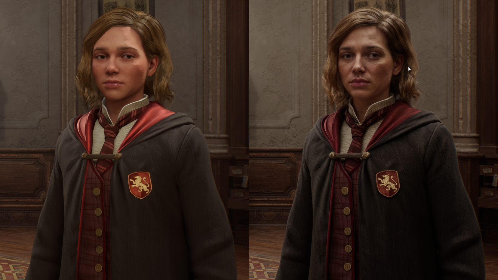 An example of DLSS 5 used in Hogwarts Legacy, showing two versions of the same character.