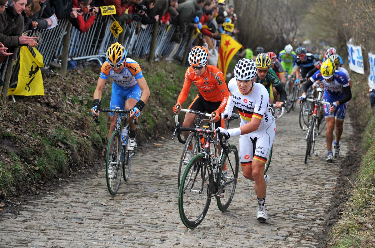 German champion Martin Reimer (Cervelo) running up the Koppenberg