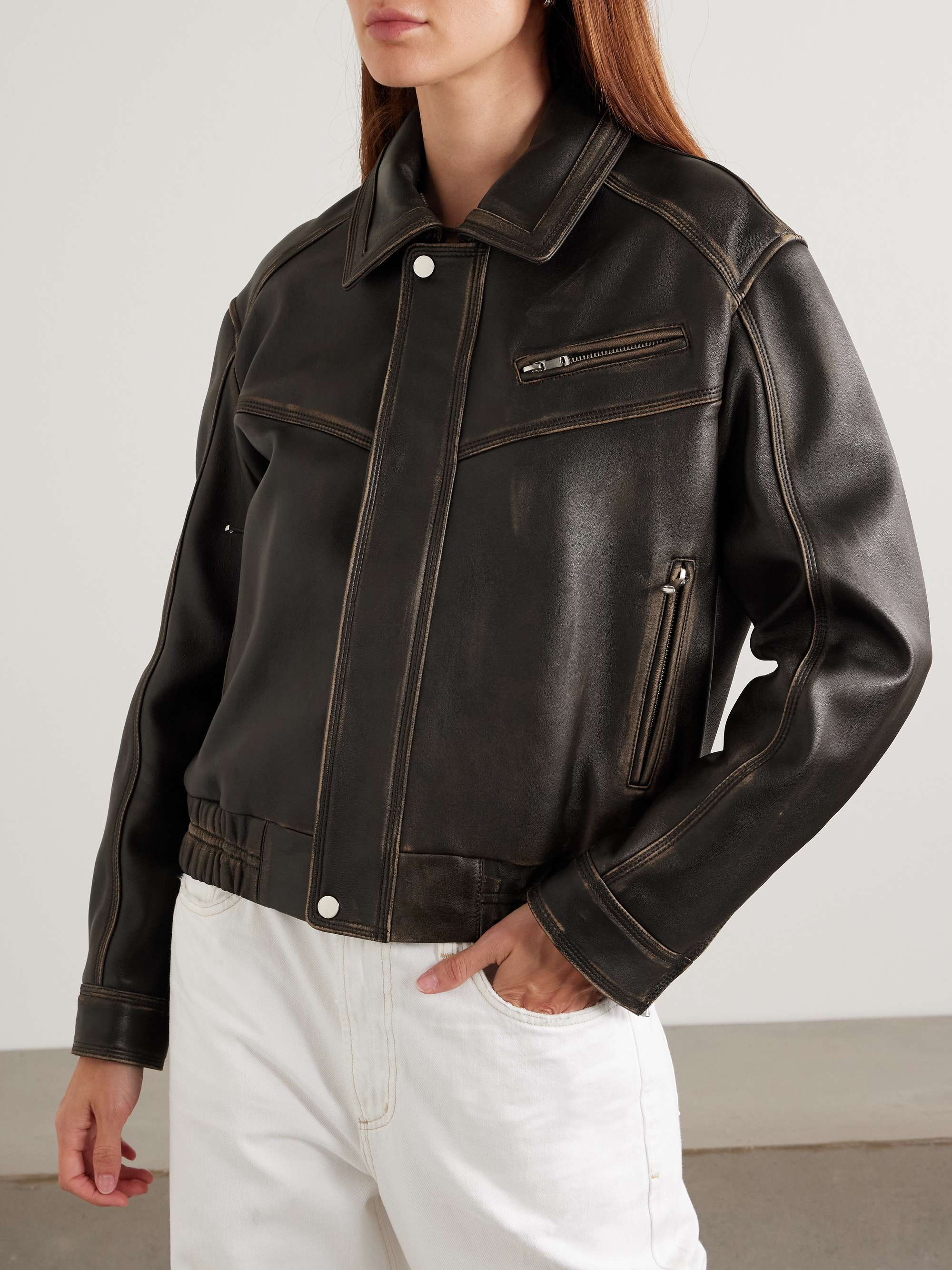 Clint Oversized Paneled Distressed Leather Bomber Jacket