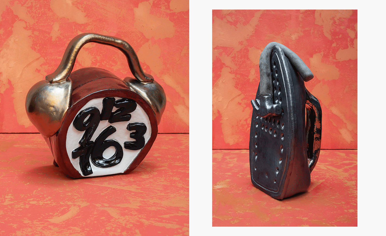 Sculptures from Woody De Othello Perez Art Museum Miami exhibition: a surreal clock and a hammer seeming to melt over an iron