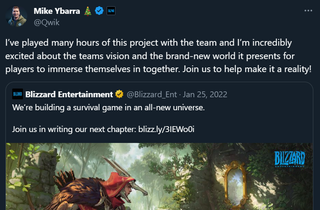 Mike Ybarra tweet from 2022: "I’ve played many hours of this project with the team and I’m incredibly excited about the teams vision and the brand-new world it presents for players to immerse themselves in together. Join us to help make it a reality!"