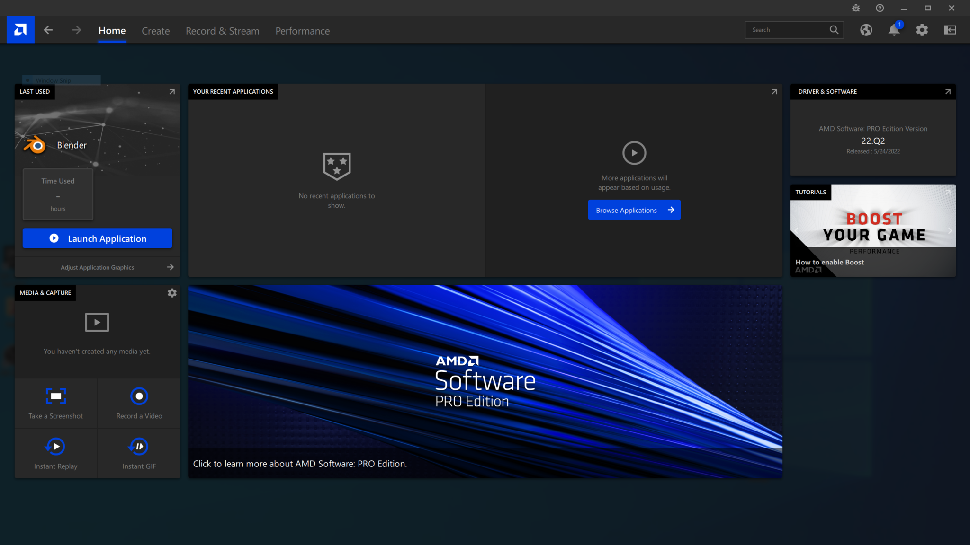 Screenshot of AMD Software PRO Edition home screen.