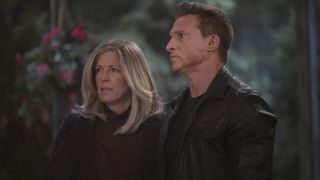 Laura Wright and Steve Burton as Carly and Jason upset in General Hospital