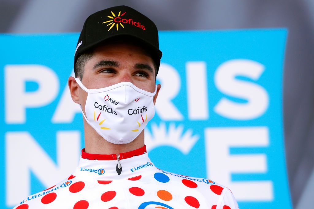 CHIROUBLES FRANCE MARCH 10 Podium Anthony Perez of France and Team Cofidis Polka Dot Mountain Jersey Celebration during the 79th Paris Nice 2021 Stage 4 a 1875km stage from ChalonSurSane to Chiroubles 702m Mask Covid safety measures ParisNice on March 10 2021 in Chiroubles France Photo by Bas CzerwinskiGetty Images