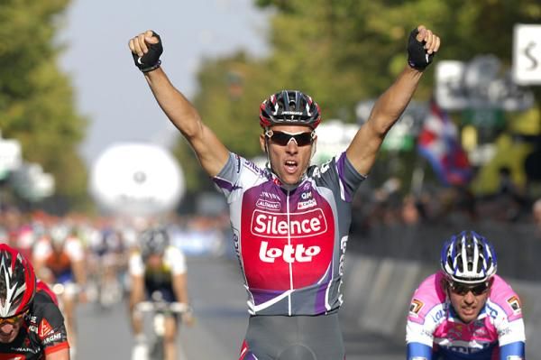 Belgium's Philippe Gilbert (Silence-Lotto) celebrates his Giro del Piemonte victory.