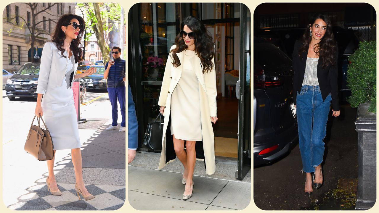 Amal Clooney wearing a dress, a blazer, and heels; Amal Clooney wearing a dress, a trench coat and heels; Amal Clooney wearing a blazer, a top, jeans, and heels