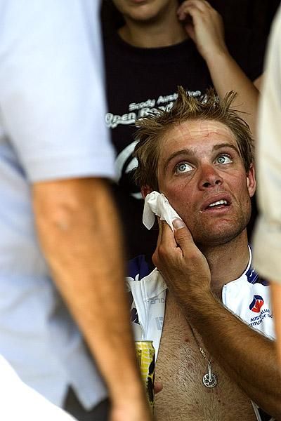 A hard day at the office: Malcolm Rudolph (Jayco/Skins) from Queensland recovers after his silver medal ride in the men's under 23 road race.