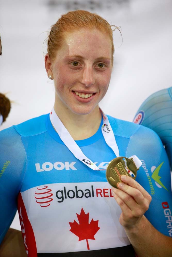 Allison Beveridge of Canada celebrates her gold medal in the women's omnium