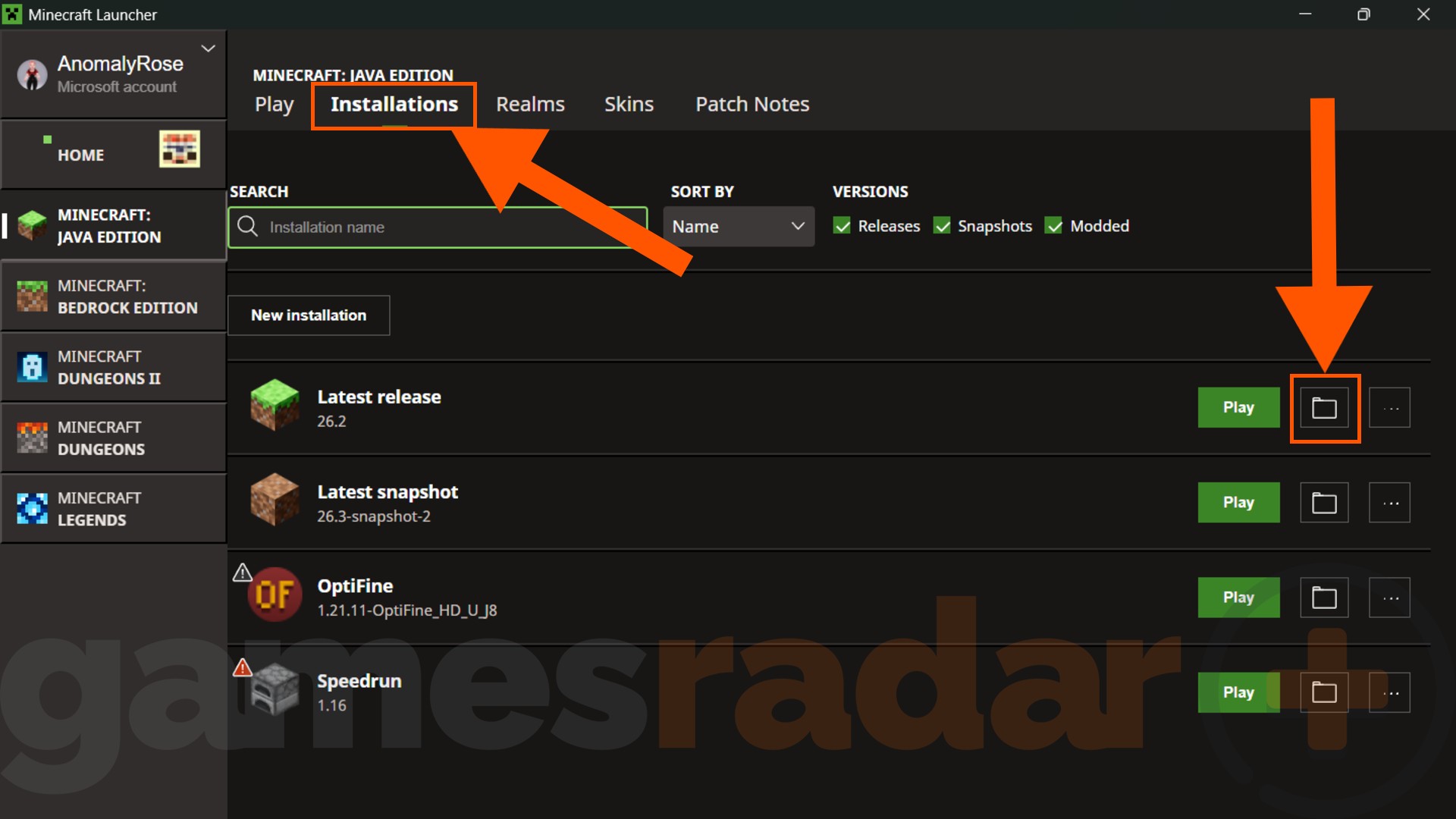 Two orange arrows points out the steps to installing Minecraft mods from the Minecraft Launcher.