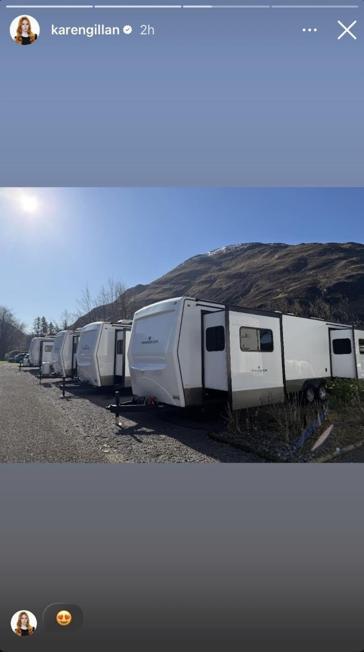 Karen Gillan's Instagram stories of a stack of trailers on the set of Highlander.