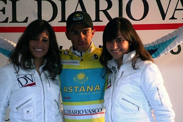 Alberto Contador (Astana) puts on the leader's jersey at his home ProTour race.