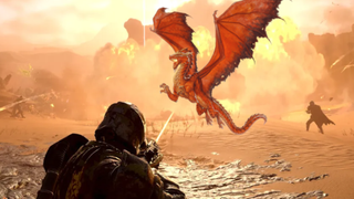 An image of a Helldiver from Helldivers 2 shooting at a red dragon from Dungeons & Dragons.
