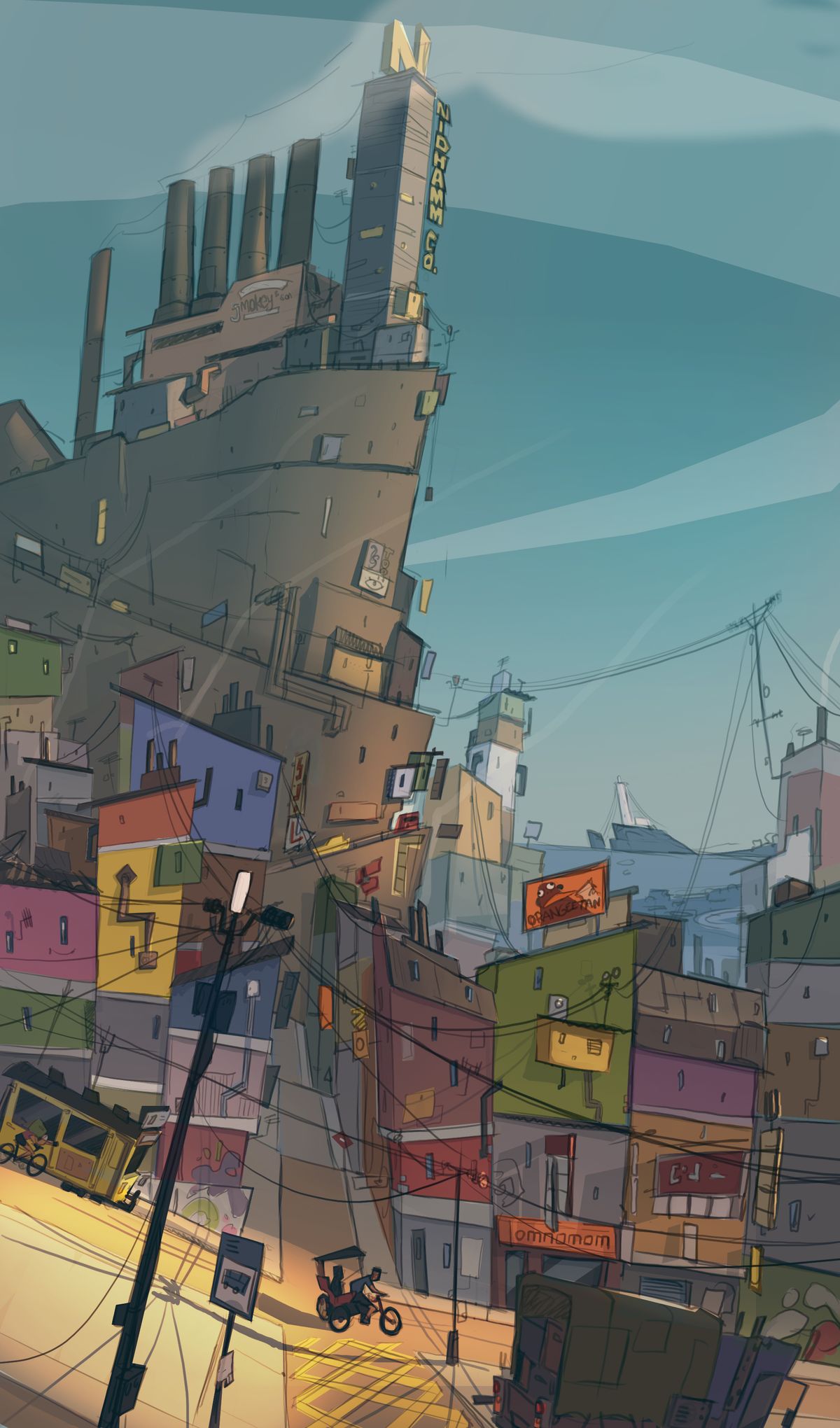Wheel World indie game developer interview; a digital illustration depicts a whimsical landscape with large rock formations and a cloudy sky.