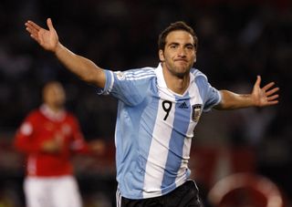 Gonzalo Higuain celebrates after scoring for Argentina against Chile in 2010.