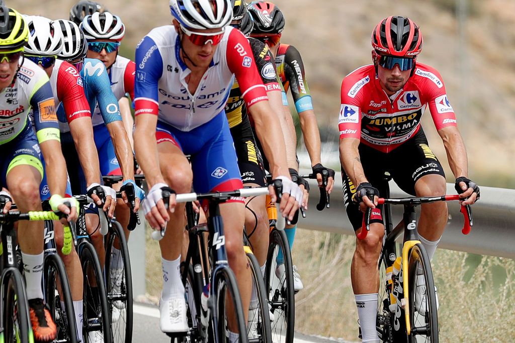 VELEFIQUE SPAIN AUGUST 22 Primoz Roglic of Slovenia and Team Jumbo Visma red leader jersey during the 76th Tour of Spain 2021 Stage 9 a 188 km stage from Puerto Lumbreras to Alto de Velefique 1800m lavuelta LaVuelta21 on August 22 2021 in Velefique Spain Photo by Gonzalo Arroyo MorenoGetty Images