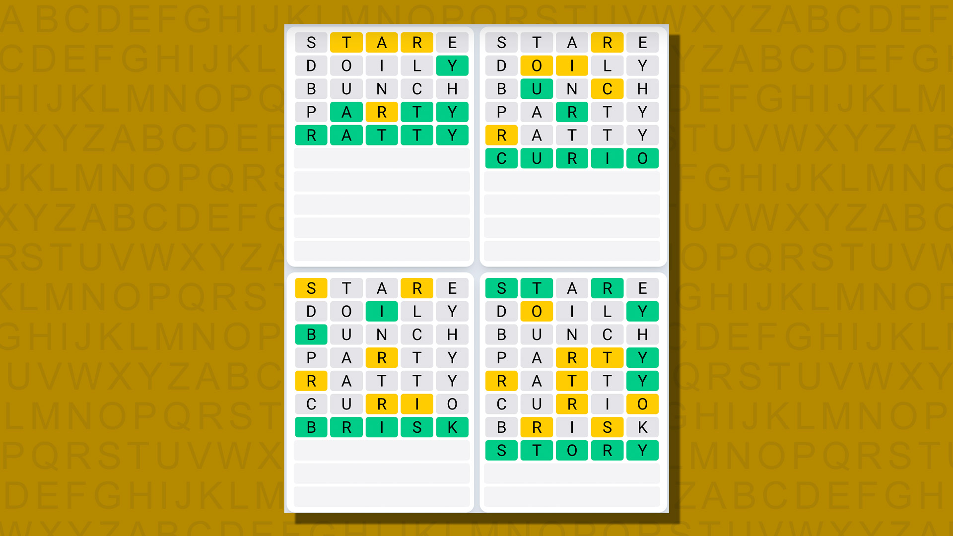 Quordle daily sequence answers for game 737 on a yellow background