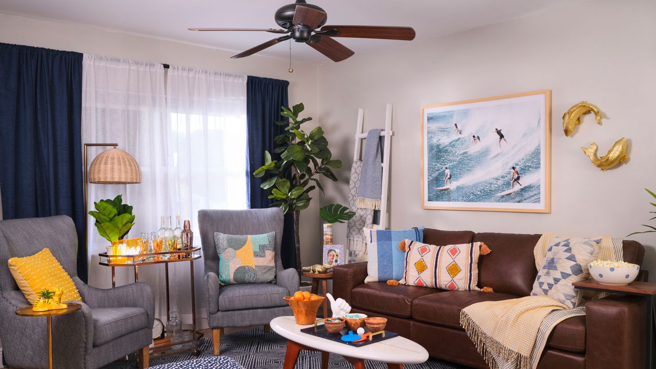 Living room with brown sofa and patterned cushions