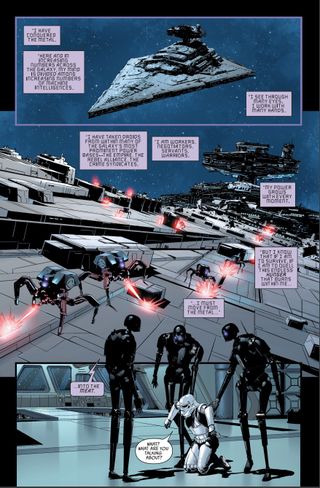 page from a comic book showing three dark humanoid droids surrounding a figure in a white spacesuit.