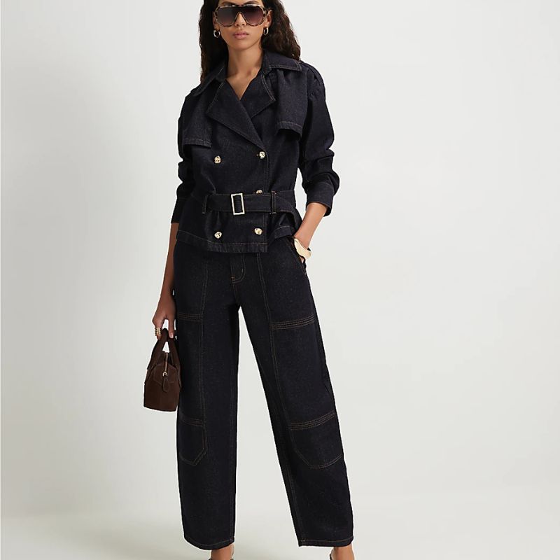 Navy Contrast Stitch Cargo Jeans on model