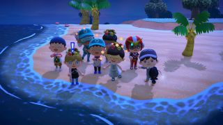 Animal Crossing New Horizons several people's avatars posing for a picture on one island