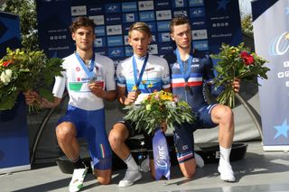 Filippo Ganna, Lennard Kamna and Remi Cavagna on the podium