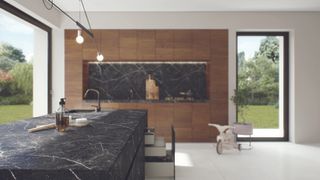 A dark marble kitchen countertop with white veining