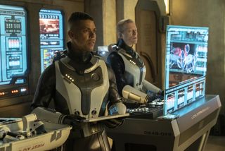 Dr. Culber (Wilson Cruz) and Stamets monitor the trap set for the Red Angel.