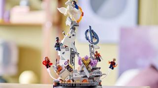 A fully built Lego Marvel Endgame Final Battle on display