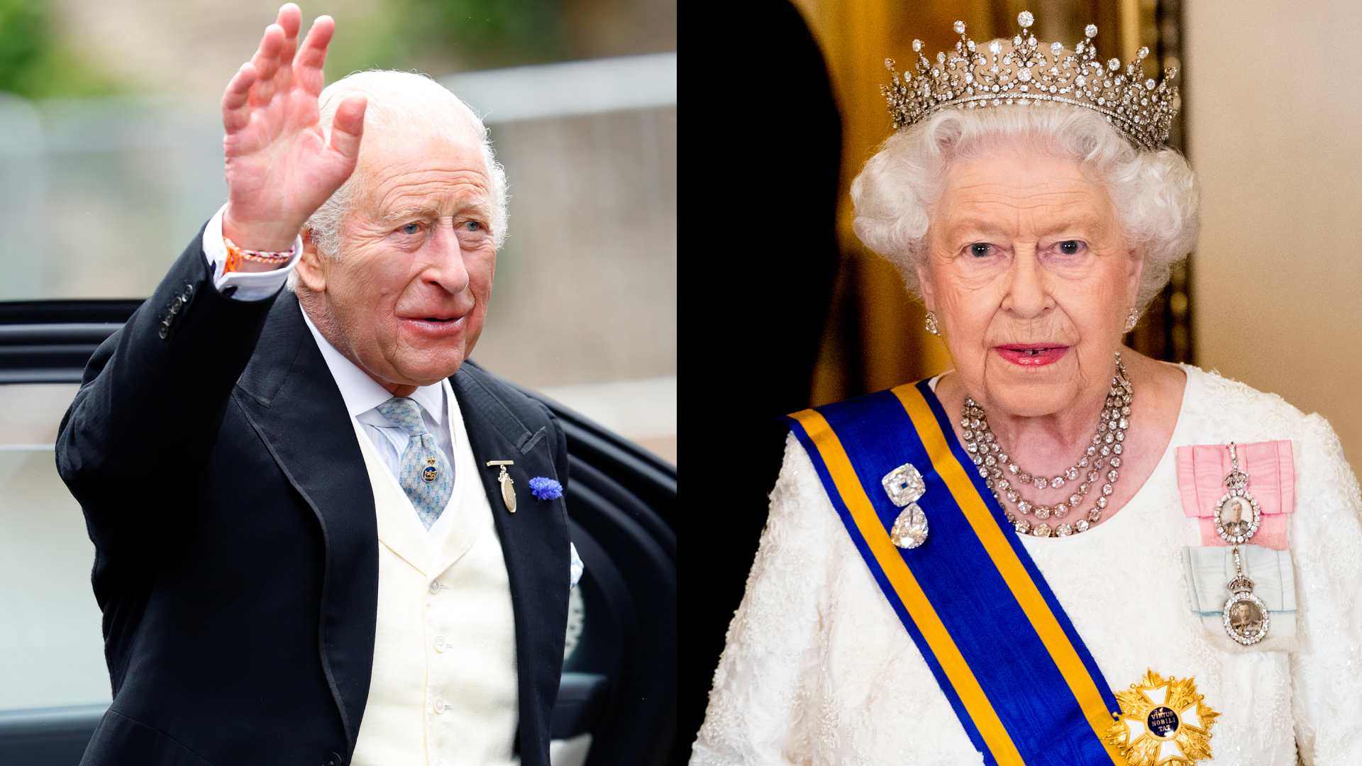 A split image of King Charles waving and Queen Elizabeth in a tiara