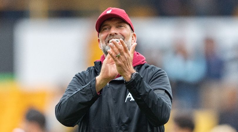 Jurgen Klopp applauds the Liverpool fans after his side&#039;s 3-1 win at Wolves in the Premier League in September 2023.