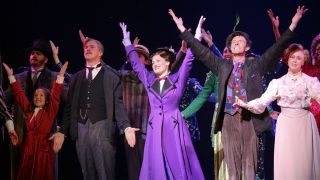 LOS ANGELES, CA - NOVEMBER 15: (L-R) Cast members Bailey Grey, Karl Kenzler, Ashley Brown (Mary Poppins), Gavin Lee (Bert) and Megean Osterhaus take their bows during the curtain call for Disney and Cameron Mackintosh's "Mary Poppins" at the Center Theatre Group's Ahmanson Theatre on November 15, 2009 in Los Angeles, California.