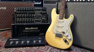 Johnny Marr's The The-era 1962 American Vintage Strat reissue, stood against his Mesa-Boogie live rig of the era