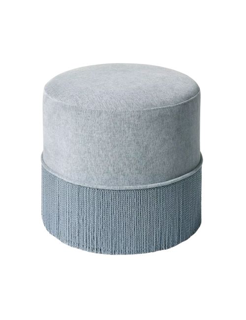 Upholstered Drum Ottoman with Fringe Light Blue