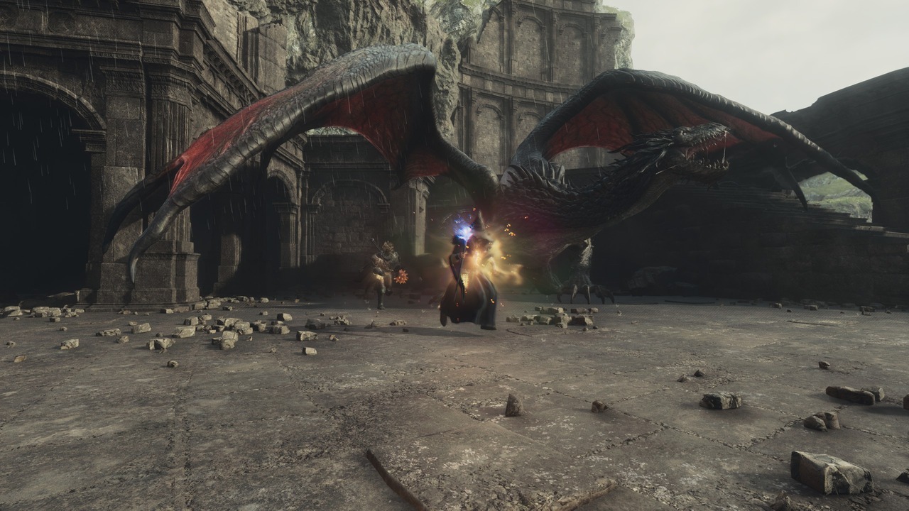 Captura de pantalla de Dragon's Dogma 2 del draco en Dragonsbreath Tower.