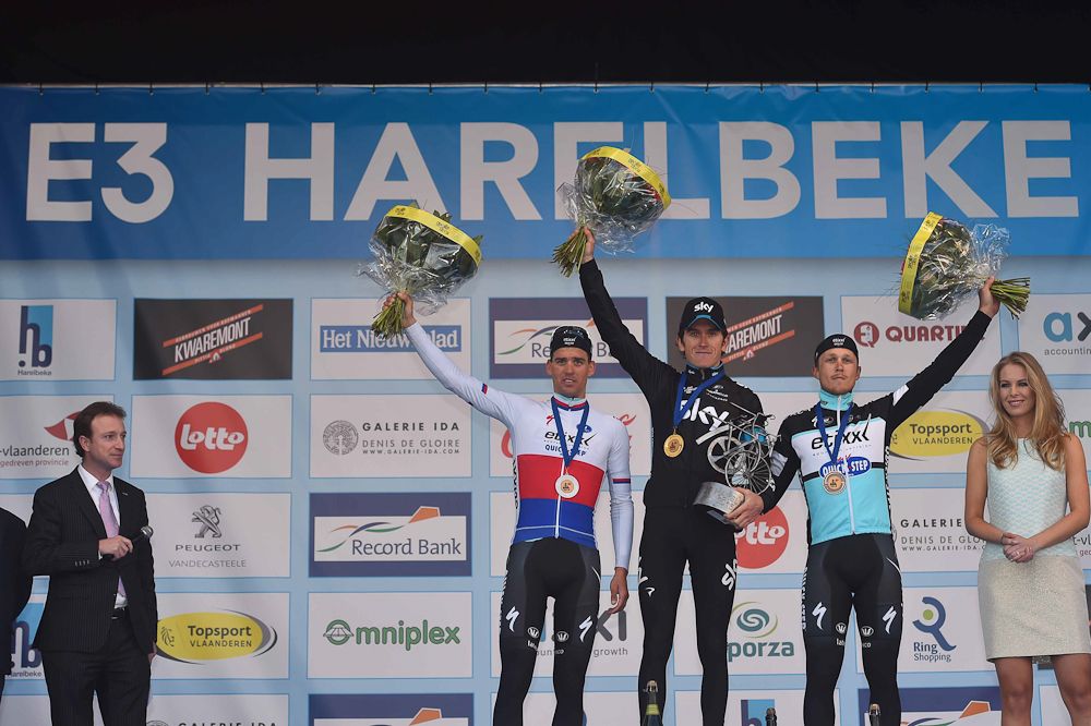 Stybar, Thomas and Trentin on the podium.