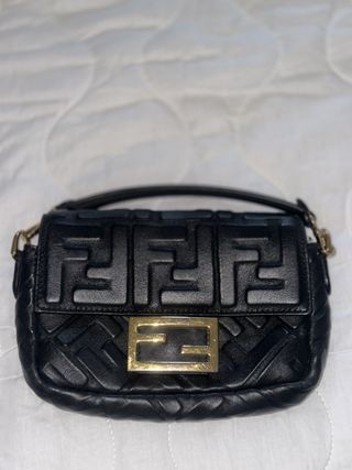 Fendi Baguette Embossed Shoulder Bag Mini Black Leather