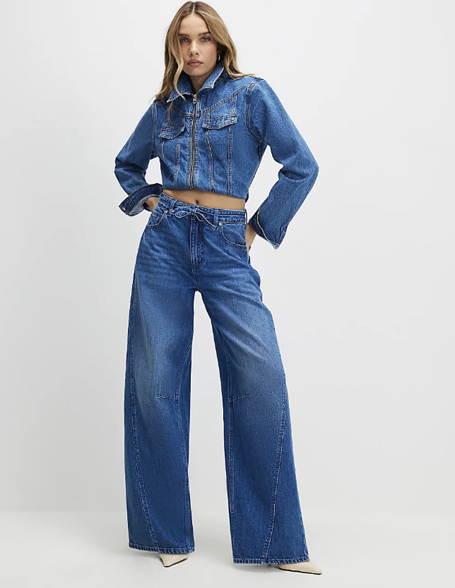 Blue Baggy Wide Leg Tie Waist Jeans