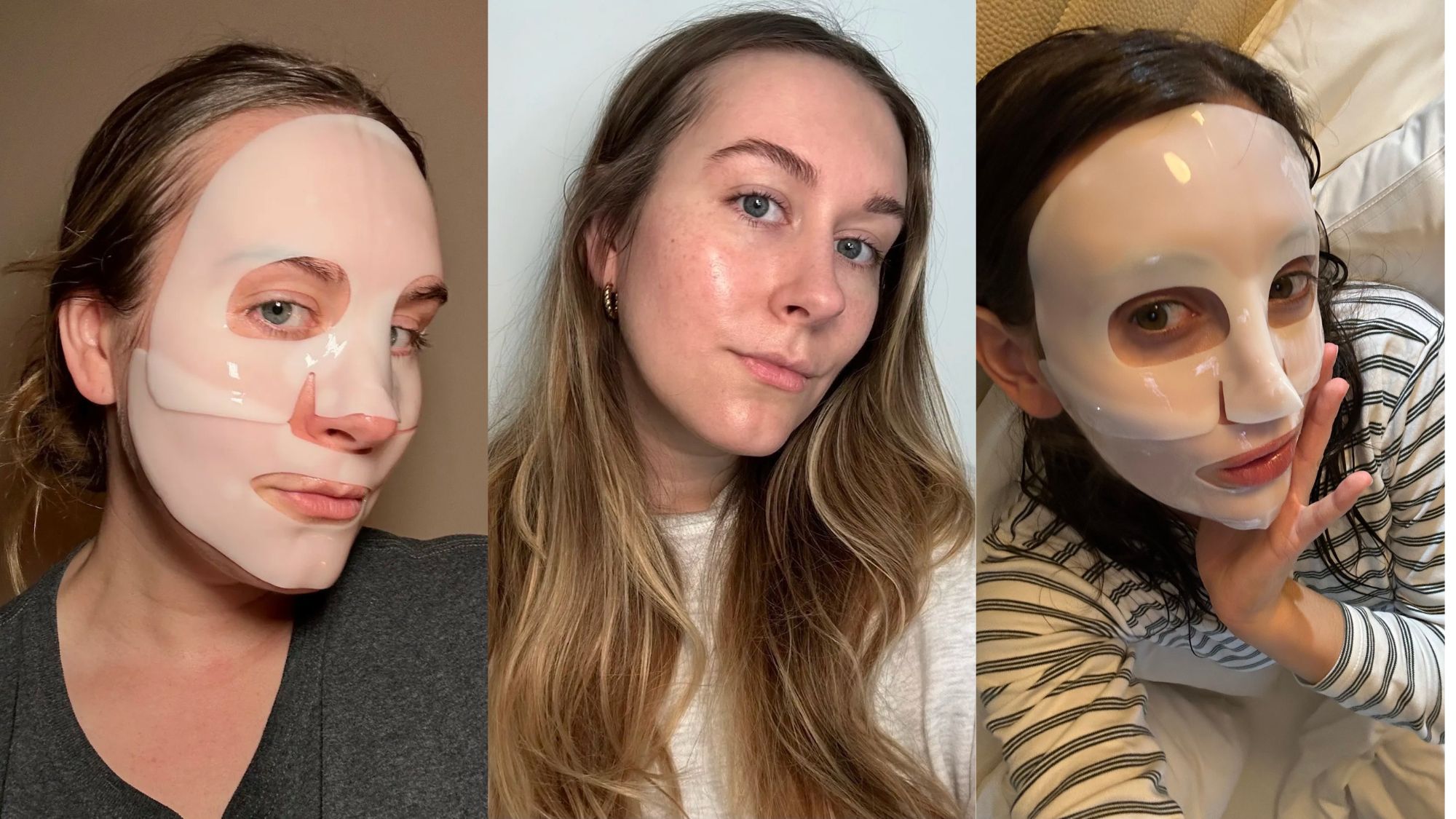 A split image of Kaitlyn McLintock ad Alyssa Brascia testing face masks.