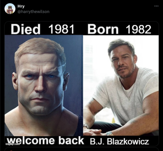 Tweet with side-by-side images of BJ Blazkowciz and Alan Ritchson - "Welcome back BJ Blazkowicz"