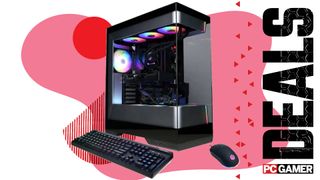 A CyberPowerPC gaming PC with mouse and keyboard on a custom PC Gamer Deals background