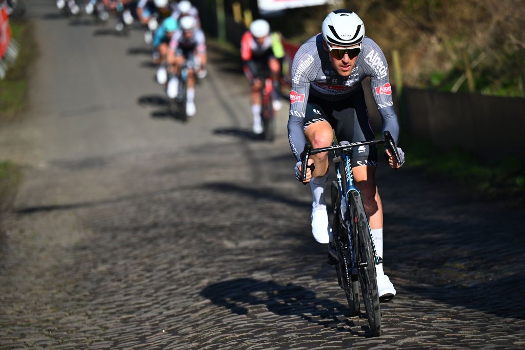 DOUR BELGIUM MARCH 04 Samuel Gaze of New Zealand and Team Alpecin Deceuninck attacks during the the 57th Ename Samyn Classic 2025 a 1991km one day race from Quaregnon to Dour on March 04 2025 in Dour Belgium Photo by Luc ClaessenGetty Images