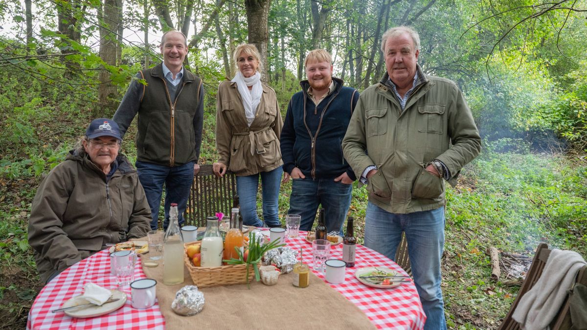 Clarkson&#039;s Farm season 3: the team posing around a table