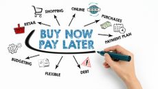 A hand holding a marker and writing "BUY NOW PAY LATER" on whiteboard with keywords and icons like "Retail" and "Purchases" floating around it