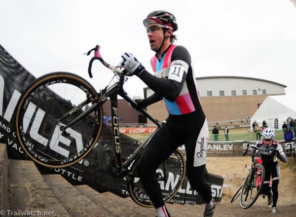 Chris Jones (Rapha Focus) racing up the stairs