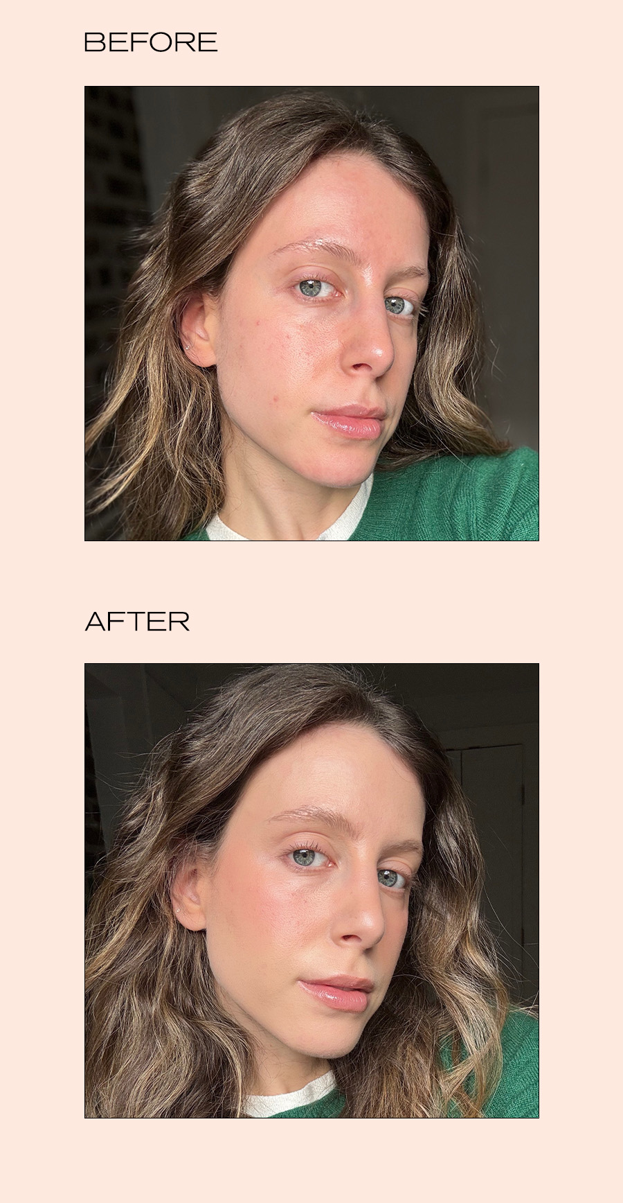 Photos of Jamie Schneider before and after using Armani's new Luminous Silk Foundation