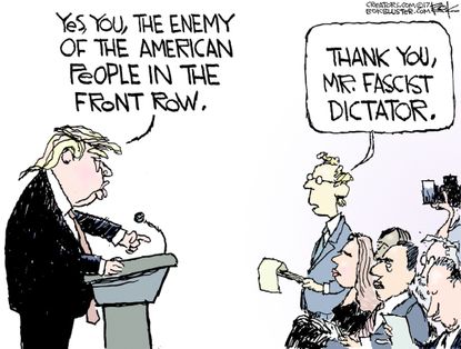 Political Cartoon U.S. Donald Trump media fascist dictator