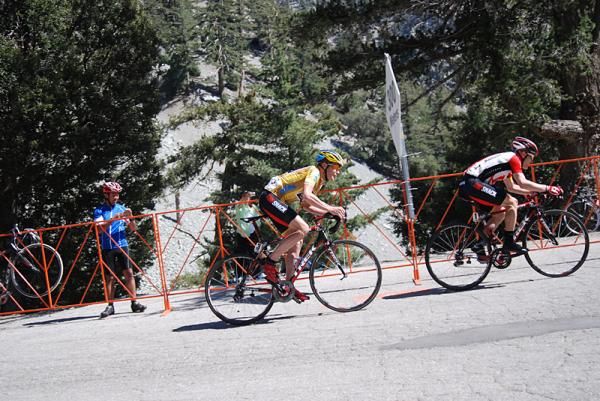 Chris Horner follows the Levi Leipheimer express to the top of Mt. Baldy.