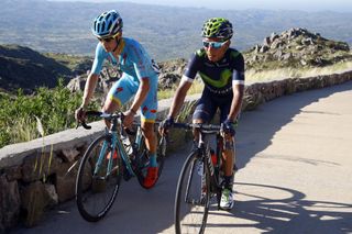 Miguel Lopez (Astana) and Nairo Quintana (Movistar) in action during Stage 4 of the 2016 Tour de San Luis