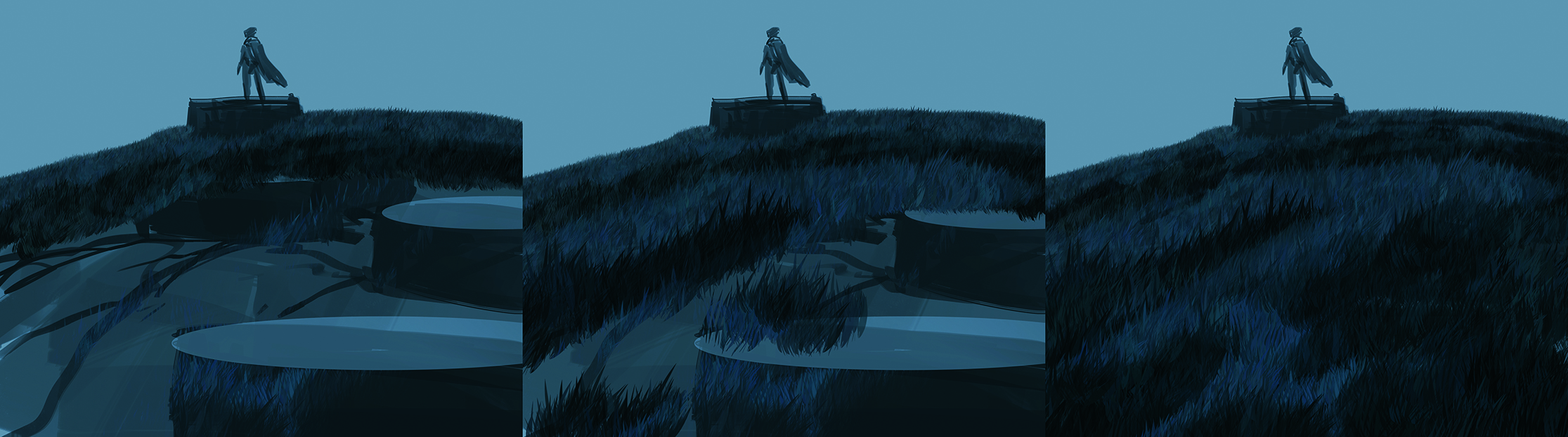 Part of the process of making digital art in Photoshop. The artwork shows a lone figure in a surreal dreamscape