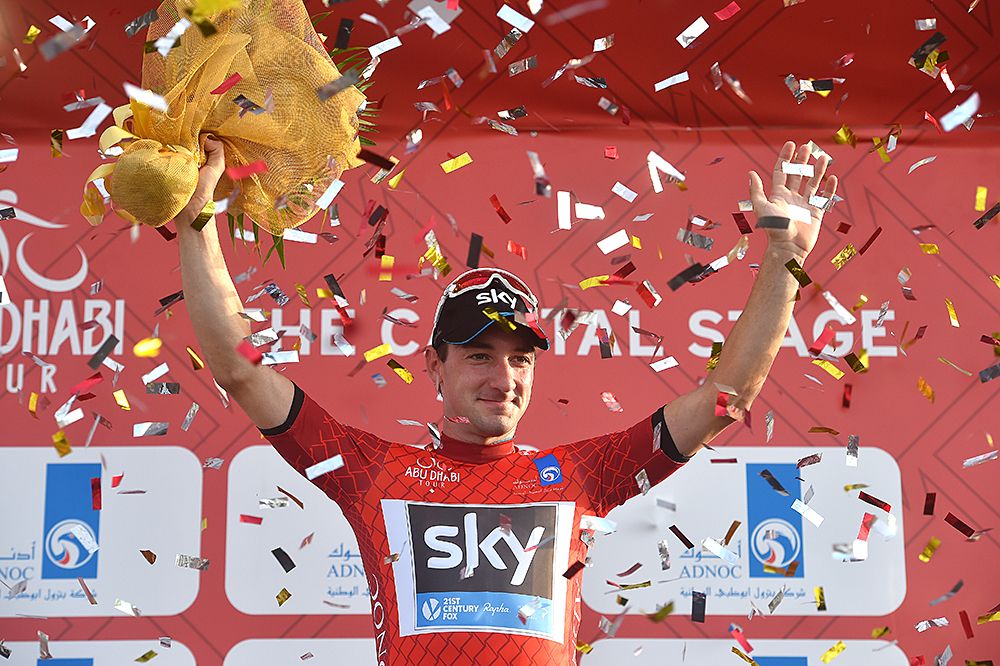 Elia Viviani (Team Sky) celebrates success after stage 2 Abu Dhabi Tour